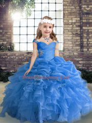 Blue Sleeveless Floor Length Beading and Ruffles and Pick Ups Lace Up Pageant Dress Toddler