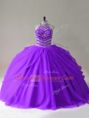 Perfect Sleeveless Floor Length Beading Lace Up 15th Birthday Dress with Purple