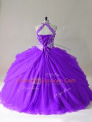 Perfect Sleeveless Floor Length Beading Lace Up 15th Birthday Dress with Purple