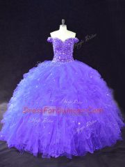 Sophisticated Floor Length Purple 15th Birthday Dress Tulle Sleeveless Beading