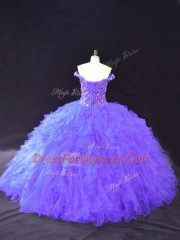 Sophisticated Floor Length Purple 15th Birthday Dress Tulle Sleeveless Beading