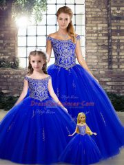 Sweet Royal Blue Tulle Lace Up Quince Ball Gowns Sleeveless Floor Length Beading