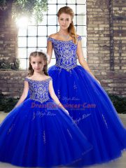 Sweet Royal Blue Tulle Lace Up Quince Ball Gowns Sleeveless Floor Length Beading