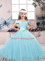 Lace and Belt Custom Made Pageant Dress Aqua Blue Lace Up Sleeveless Floor Length