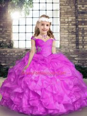 Graceful Straps Sleeveless Kids Pageant Dress Floor Length Beading and Ruffles Lilac Organza