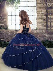 Sleeveless Lace Up Floor Length Beading and Ruffled Layers Little Girls Pageant Gowns