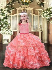 Modern Watermelon Red Ball Gowns Organza Scoop Sleeveless Lace and Ruffled Layers Floor Length Zipper Kids Pageant Dress