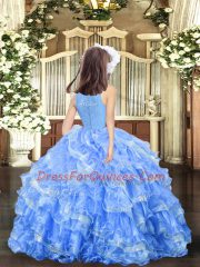 Modern Watermelon Red Ball Gowns Organza Scoop Sleeveless Lace and Ruffled Layers Floor Length Zipper Kids Pageant Dress