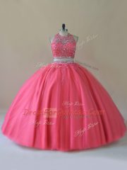 Customized Coral Red Backless Halter Top Beading Quinceanera Gowns Tulle Sleeveless