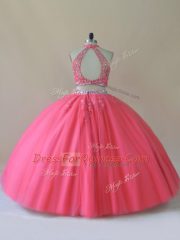 Customized Coral Red Backless Halter Top Beading Quinceanera Gowns Tulle Sleeveless