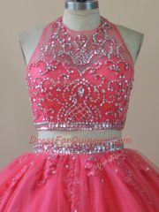 Customized Coral Red Backless Halter Top Beading Quinceanera Gowns Tulle Sleeveless