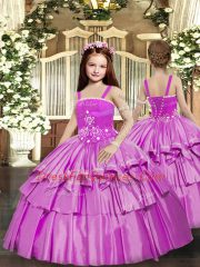 Best Lilac Lace Up Little Girl Pageant Gowns Beading and Ruffled Layers Sleeveless Floor Length