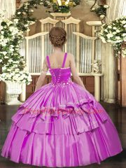 Best Lilac Lace Up Little Girl Pageant Gowns Beading and Ruffled Layers Sleeveless Floor Length