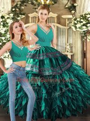 Modern Floor Length Two Pieces Sleeveless Turquoise Sweet 16 Quinceanera Dress Backless