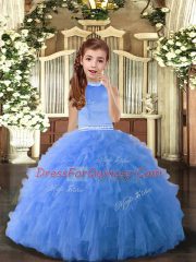 Super Beading Kids Formal Wear Blue Backless Sleeveless Floor Length