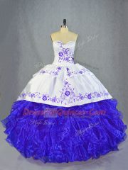 Blue And White Ball Gowns Halter Top Sleeveless Organza Brush Train Lace Up Beading and Embroidery and Ruffles Sweet 16 Dresses