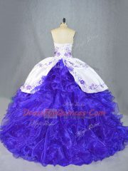 Blue And White Ball Gowns Halter Top Sleeveless Organza Brush Train Lace Up Beading and Embroidery and Ruffles Sweet 16 Dresses