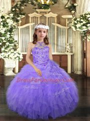 Eye-catching Lavender Ball Gowns Tulle Halter Top Sleeveless Beading and Ruffles Floor Length Lace Up Pageant Gowns For Girls