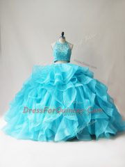 Colorful Halter Top Sleeveless Quinceanera Dresses Floor Length Beading and Ruffles Aqua Blue Organza