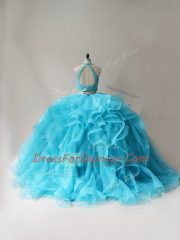 Colorful Halter Top Sleeveless Quinceanera Dresses Floor Length Beading and Ruffles Aqua Blue Organza