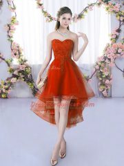 Rust Red Sleeveless High Low Lace Lace Up Quinceanera Court of Honor Dress