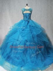 Vintage Aqua Blue Ball Gowns Tulle Scoop Sleeveless Beading and Ruffles Lace Up 15 Quinceanera Dress Brush Train