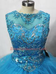 Vintage Aqua Blue Ball Gowns Tulle Scoop Sleeveless Beading and Ruffles Lace Up 15 Quinceanera Dress Brush Train