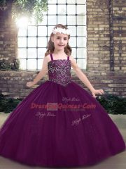 Modern Eggplant Purple Sleeveless Beading Floor Length Little Girl Pageant Dress
