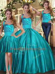 High Quality Sleeveless Floor Length Ruching Lace Up 15th Birthday Dress with Teal