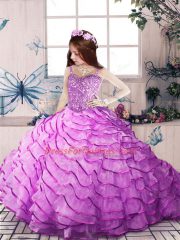 Low Price Lilac Organza Lace Up Straps Sleeveless Kids Formal Wear Court Train Ruffled Layers
