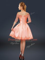 Adorable Peach A-line Lace and Appliques Prom Dress Lace Up Satin Half Sleeves Mini Length