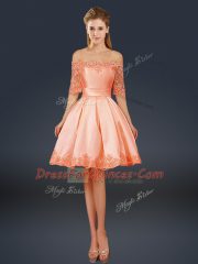 Adorable Peach A-line Lace and Appliques Prom Dress Lace Up Satin Half Sleeves Mini Length
