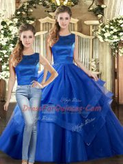 Affordable Tulle Scoop Sleeveless Lace Up Ruffled Layers 15th Birthday Dress in Royal Blue