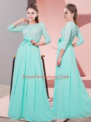 Stunning Apple Green Chiffon Side Zipper Quinceanera Court of Honor Dress 3 4 Length Sleeve Floor Length Lace and Belt