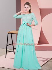 Stunning Apple Green Chiffon Side Zipper Quinceanera Court of Honor Dress 3 4 Length Sleeve Floor Length Lace and Belt