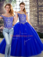 Sleeveless Floor Length Beading Lace Up Sweet 16 Dresses with Royal Blue