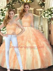 Modern Two Pieces Quince Ball Gowns Orange Sweetheart Organza Sleeveless Floor Length Lace Up