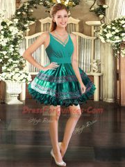 Designer Green Ball Gowns Taffeta V-neck Sleeveless Embroidery and Ruffles Mini Length Backless Prom Gown