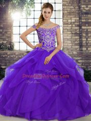 Brush Train Ball Gowns Quince Ball Gowns Purple Off The Shoulder Tulle Sleeveless Lace Up