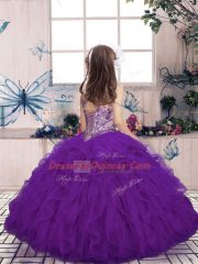 High-neck Sleeveless Little Girls Pageant Gowns Floor Length Beading and Ruffles Olive Green Tulle