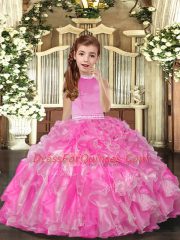 Floor Length Rose Pink Girls Pageant Dresses High-neck Sleeveless Backless