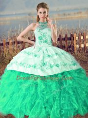 Dazzling Lace Up Sweet 16 Quinceanera Dress Turquoise for Sweet 16 and Quinceanera with Embroidery and Ruffles Court Train