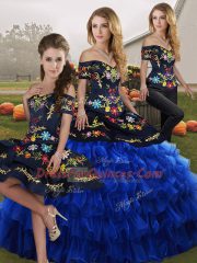 Deluxe Floor Length Blue And Black Sweet 16 Dress Organza Sleeveless Embroidery and Ruffled Layers