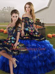 Deluxe Floor Length Blue And Black Sweet 16 Dress Organza Sleeveless Embroidery and Ruffled Layers
