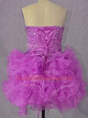 Lilac Ball Gowns Organza Sweetheart Sleeveless Beading and Ruffles Mini Length Lace Up Prom Dress