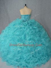 Sweetheart Sleeveless Sweet 16 Dresses Beading and Ruffles Aqua Blue Organza