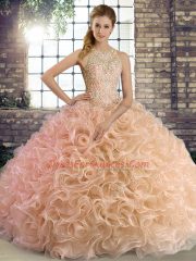 Super Floor Length Lace Up Quinceanera Dresses Peach for Military Ball and Sweet 16 and Quinceanera with Beading