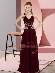 Glamorous Burgundy Empire Chiffon Straps Sleeveless Beading Floor Length Backless Prom Party Dress