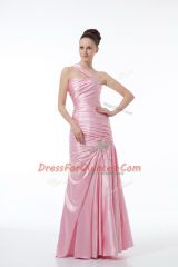 Trendy Baby Pink One Shoulder Neckline Beading and Ruching Evening Dress Sleeveless Lace Up