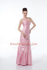 Trendy Baby Pink One Shoulder Neckline Beading and Ruching Evening Dress Sleeveless Lace Up